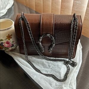 Fashionable Brown Crocodile-Embossed Chain Bag NWT!